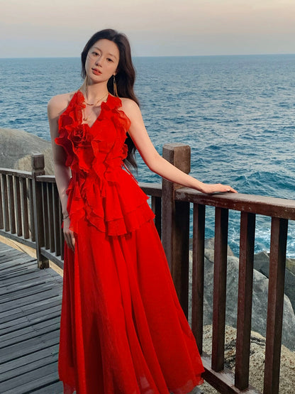 Chic Robe de bal ligne A en mousseline rouge avec encolure dos nu N2193