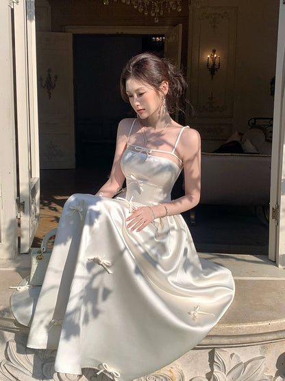 Einfaches A-Linien-Spaghettiträger-Kleid aus elfenbeinfarbenem Satin, lang für Damen, Mädchen, Teenager, Ballkleider N2194