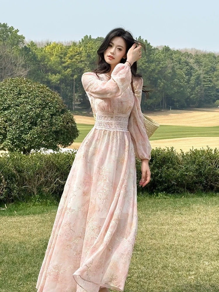 Elegante A-Linie V-Ausschnitt Rosa Chiffon Frühling Sommer Garten Inspiration Hochzeitsgastkleider N2196