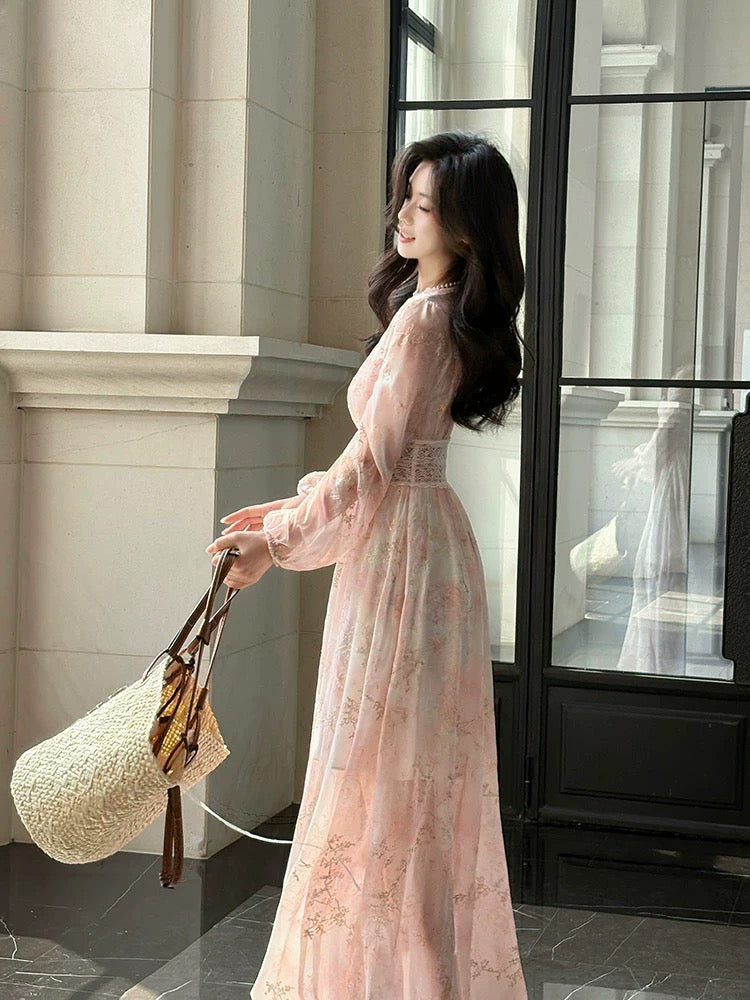 Elegante A-Linie V-Ausschnitt Rosa Chiffon Frühling Sommer Garten Inspiration Hochzeitsgastkleider N2196
