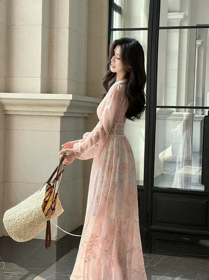 Elegante A-Linie V-Ausschnitt Rosa Chiffon Frühling Sommer Garten Inspiration Hochzeitsgastkleider N2196