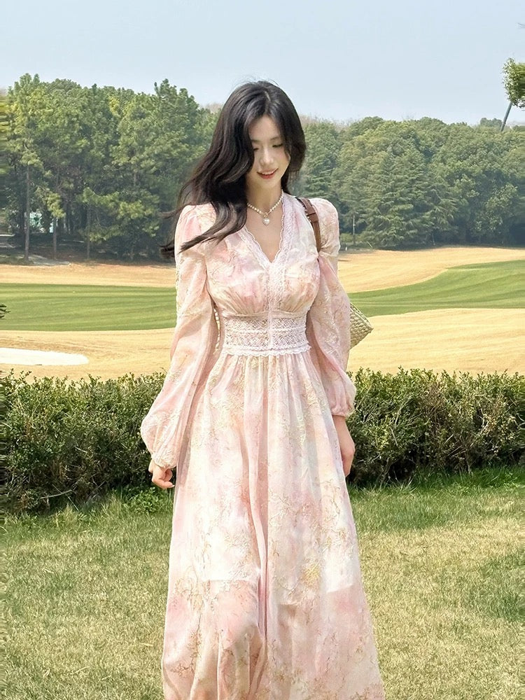 Elegante A-Linie V-Ausschnitt Rosa Chiffon Frühling Sommer Garten Inspiration Hochzeitsgastkleider N2196