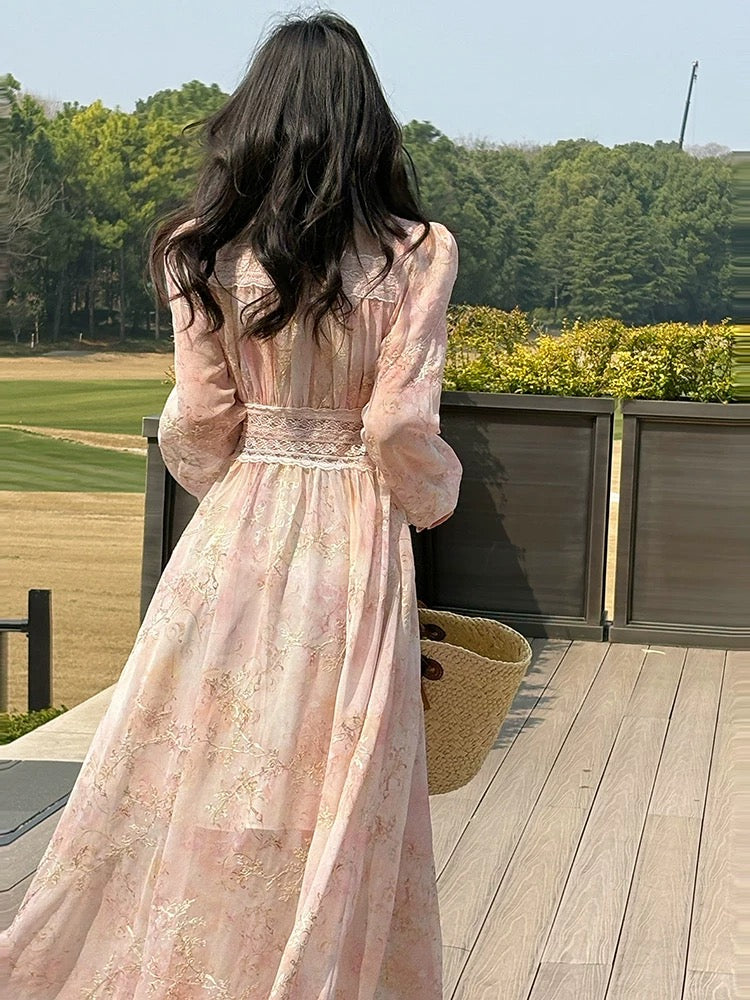 Elegante A-Linie V-Ausschnitt Rosa Chiffon Frühling Sommer Garten Inspiration Hochzeitsgastkleider N2196