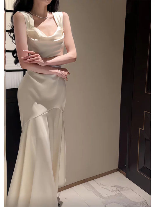 Timeless Mermaid Square Neck Satin White With Ruffled Outdoor Semi Formal Garden Beach Event Outfits Wedding Guest Dresses RB5015