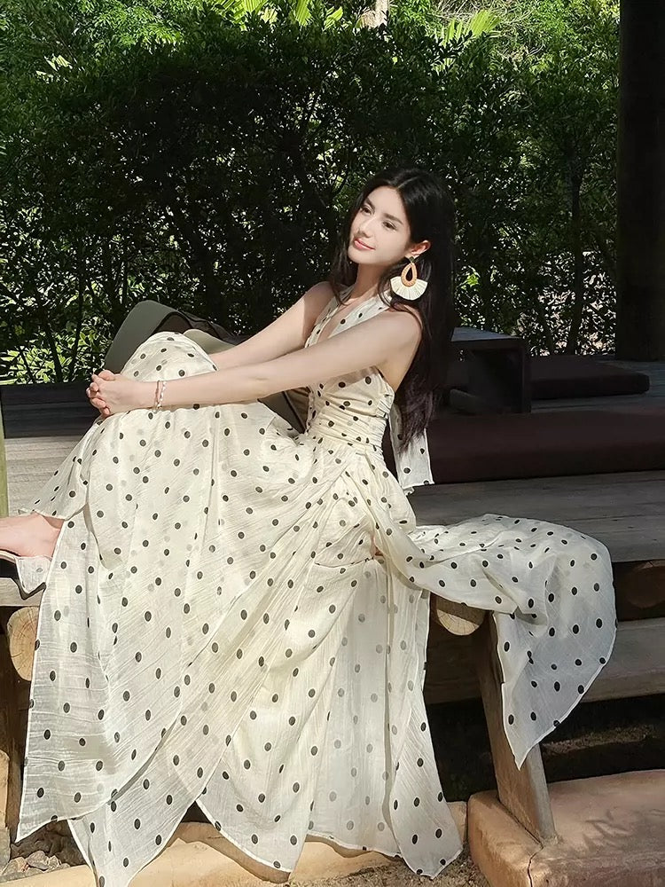 Magnifique robe longue trapèze dos nu à pois noirs pour femmes, filles, adolescentes, idéale pour le bal de promo N2203