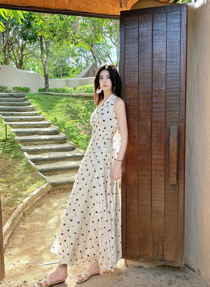 Magnifique robe longue trapèze dos nu à pois noirs pour femmes, filles, adolescentes, idéale pour le bal de promo N2203