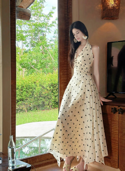 Robe de bal de style français trapèze dos nu, pois noirs, longue, de soirée, pour femmes, filles, adolescentes N2204