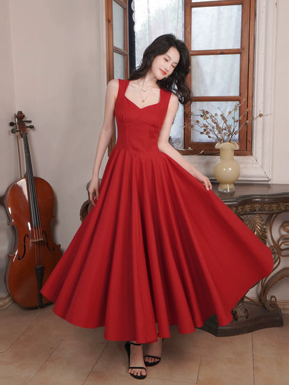 Schlichtes A-Linien-Spaghettiträger-Kleid, Rot, Sommer, festlich, für Damen, Mädchen, Teenager, Abschlussballkleider N2209