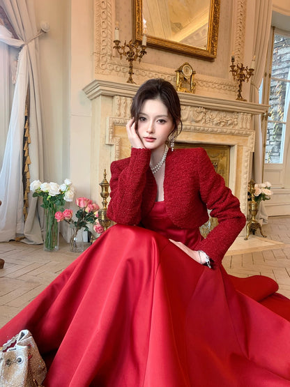 Robe de bal d'été rouge en satin avec encolure carrée et coupe trapèze simple pour femmes, filles et adolescentes N2211