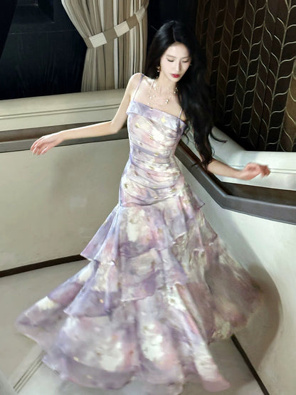 Élégante robe longue en mousseline de soie lilas à bretelles spaghetti et imprimé floral pour femmes, jeunes filles et adolescentes, robe de bal N2212