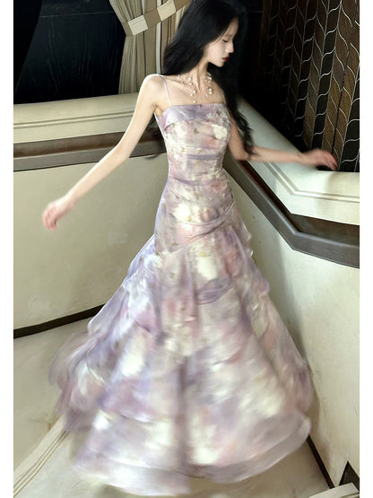 Élégante robe longue en mousseline de soie lilas à bretelles spaghetti et imprimé floral pour femmes, jeunes filles et adolescentes, robe de bal N2212