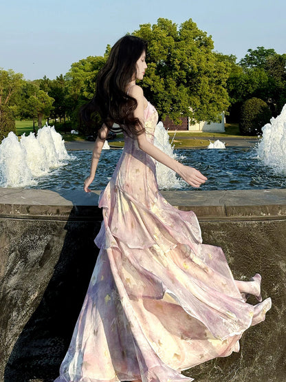 Élégante robe longue en mousseline de soie lilas à bretelles spaghetti et imprimé floral pour femmes, jeunes filles et adolescentes, robe de bal N2212
