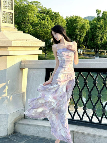 Élégante robe longue en mousseline de soie lilas à bretelles spaghetti et imprimé floral pour femmes, jeunes filles et adolescentes, robe de bal N2212