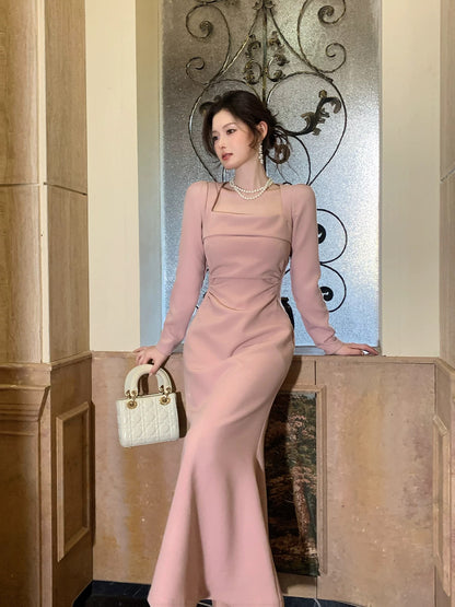 Robe de soirée d'été en satin rose de style sirène à col carré pour femmes, filles, adolescentes, N2217