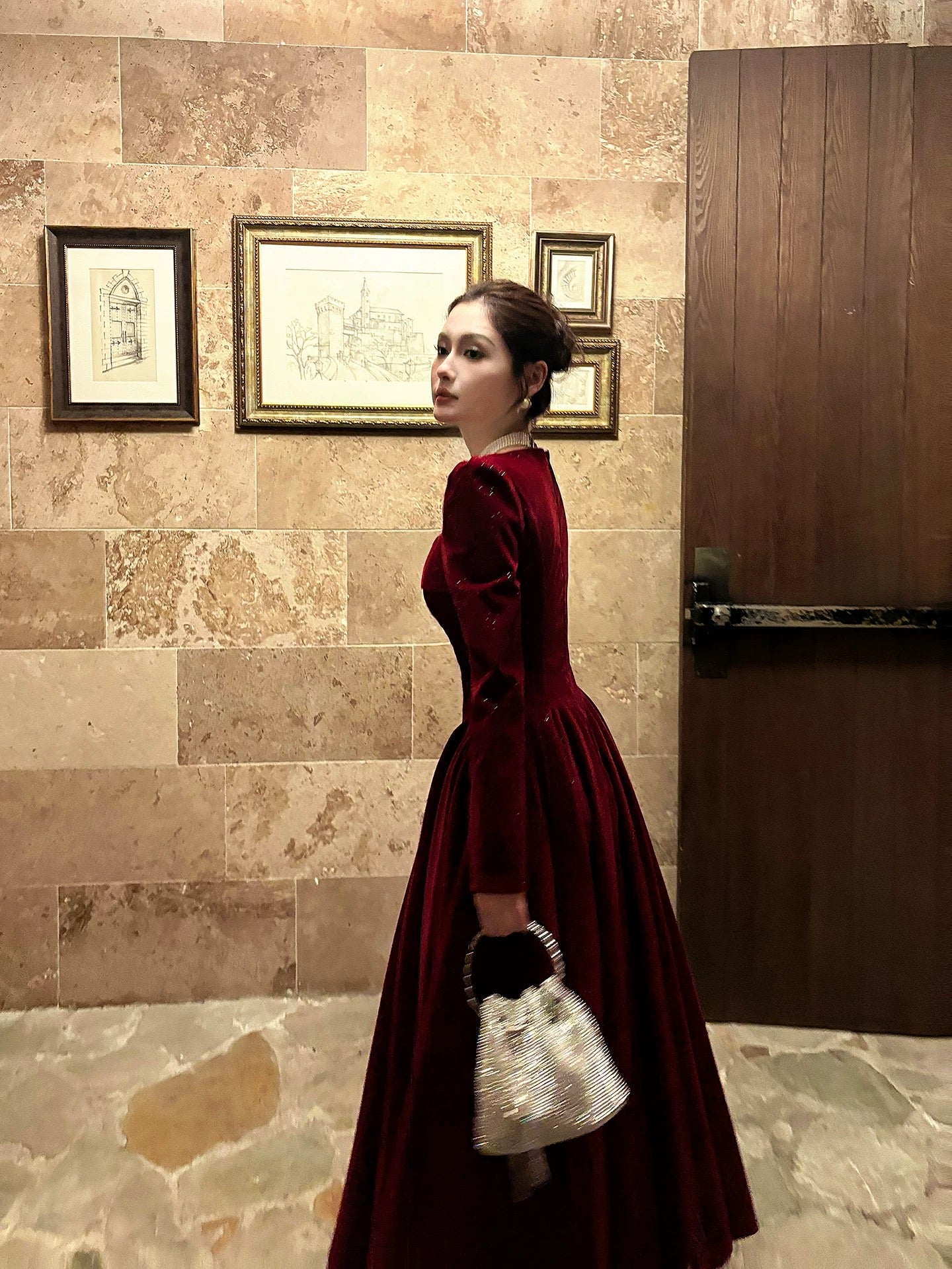 Robe de bal d'été N2218, style français, ligne A, col carré, manches longues, bordeaux, pour femmes et adolescentes
