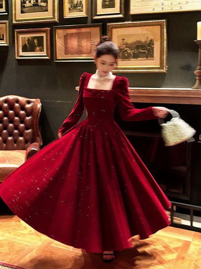 Robe de bal d'été N2218, style français, ligne A, col carré, manches longues, bordeaux, pour femmes et adolescentes
