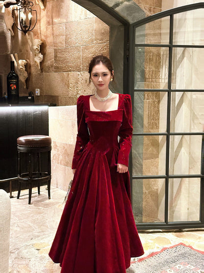 Robe de bal d'été N2218, style français, ligne A, col carré, manches longues, bordeaux, pour femmes et adolescentes
