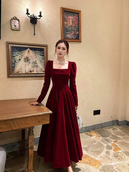Robe de bal d'été N2218, style français, ligne A, col carré, manches longues, bordeaux, pour femmes et adolescentes