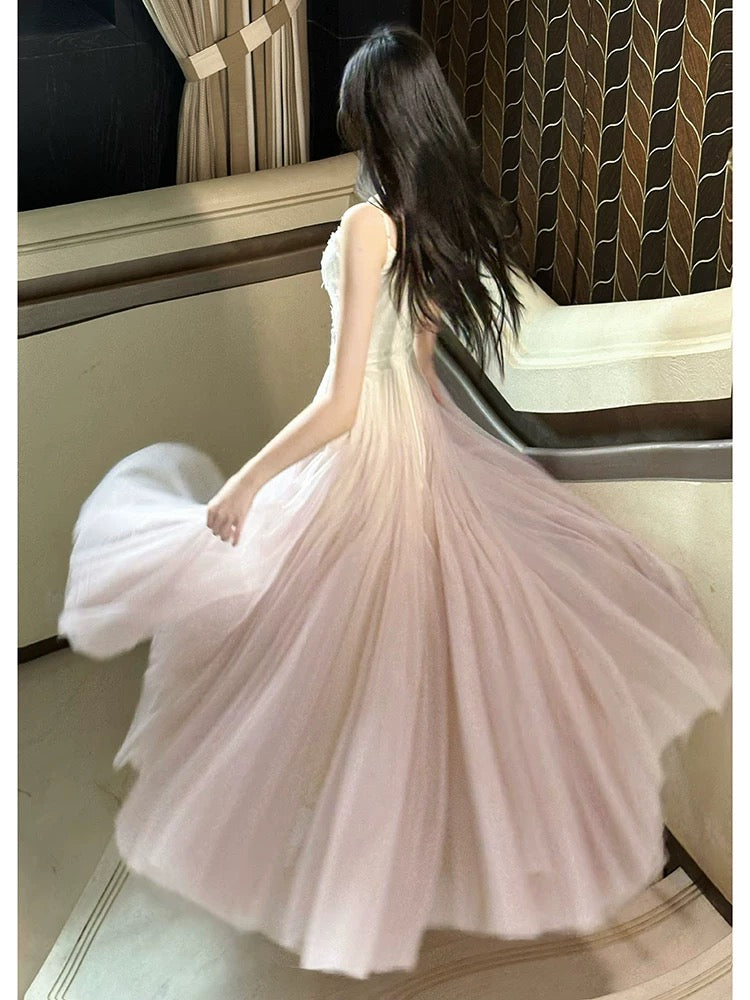 Élégante robe longue rose en tulle coupe trapèze à fines bretelles pour femmes et adolescentes, robes de bal N2219