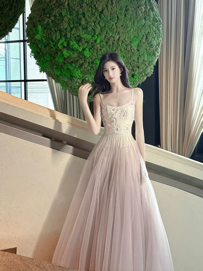 Élégante robe longue rose en tulle coupe trapèze à fines bretelles pour femmes et adolescentes, robes de bal N2219