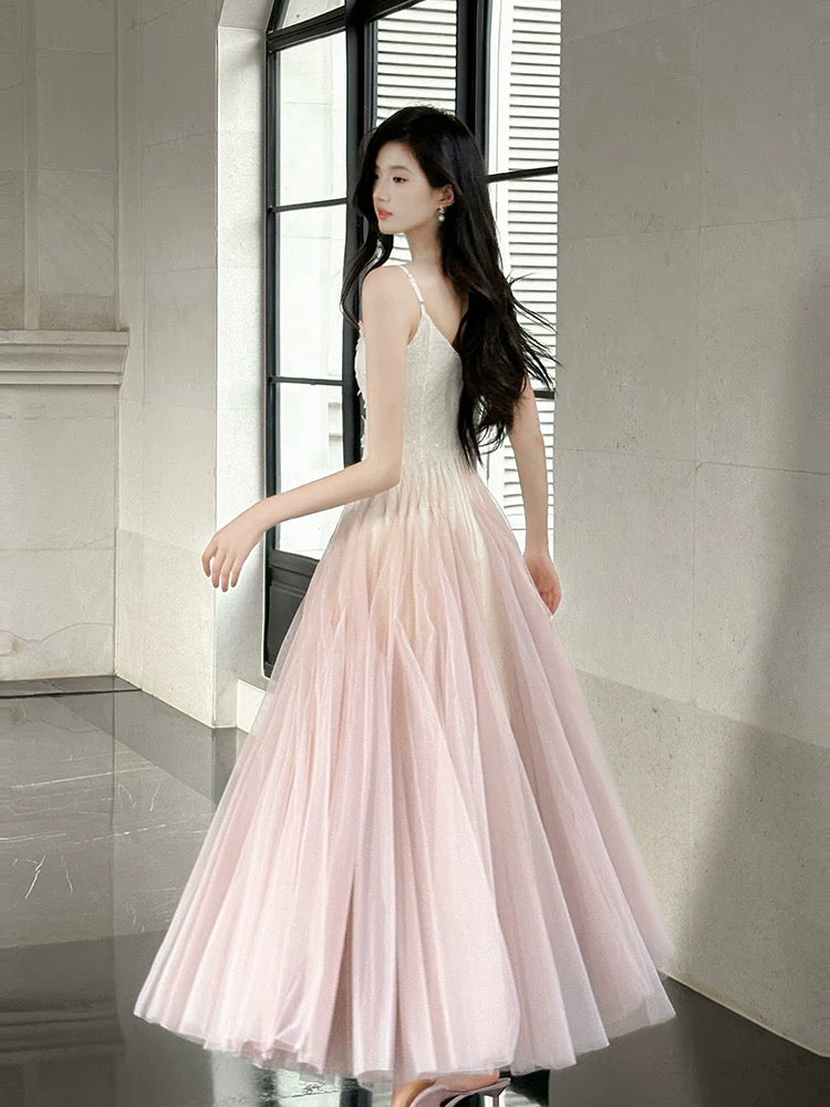 Élégante robe longue rose en tulle coupe trapèze à fines bretelles pour femmes et adolescentes, robes de bal N2219