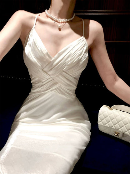 Sexy Mermaid Spaghetti Strap White Chiffon Sleeveless Date Night Outfit Outdoor Semi Formal Long Wedding Guest Dresses RB5039