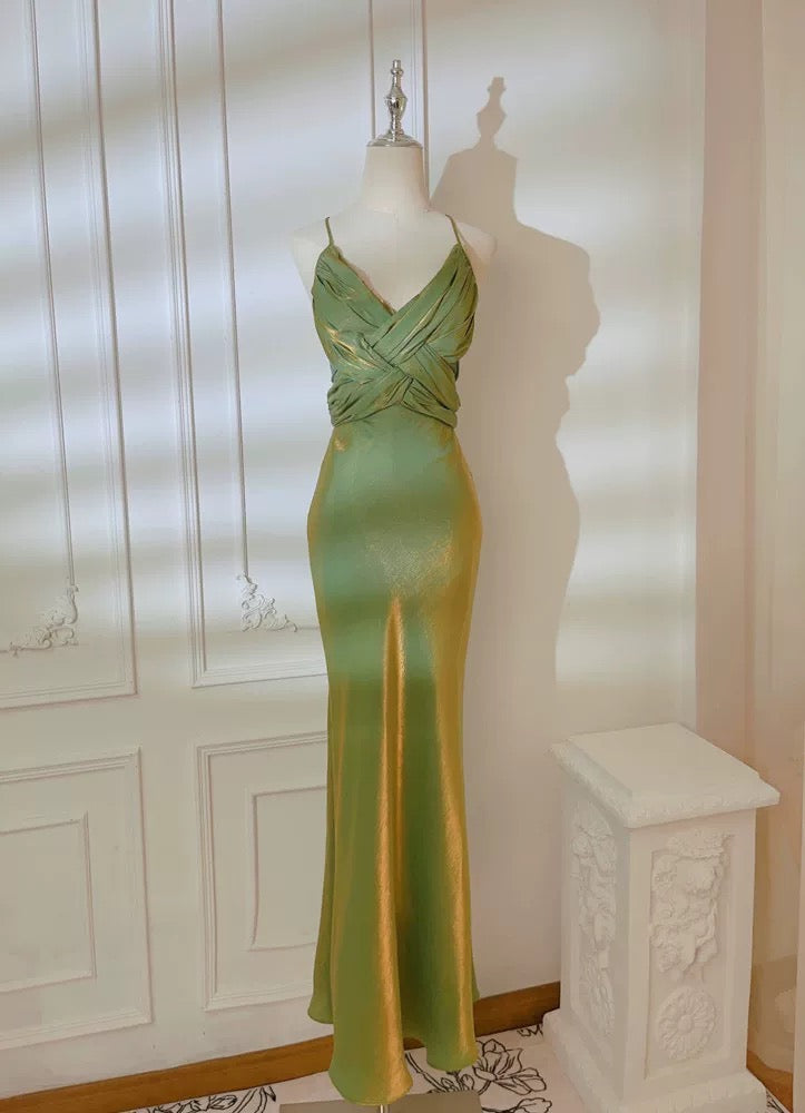 Robe de bal sirène simple à fines bretelles vertes d'été formelle pour femmes, filles, adolescentes N2223