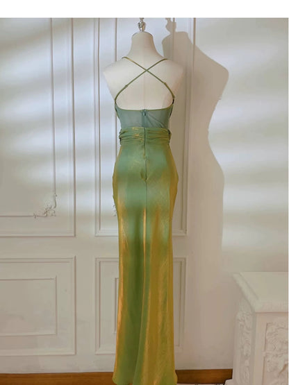 Robe de bal sirène simple à fines bretelles vertes d'été formelle pour femmes, filles, adolescentes N2223