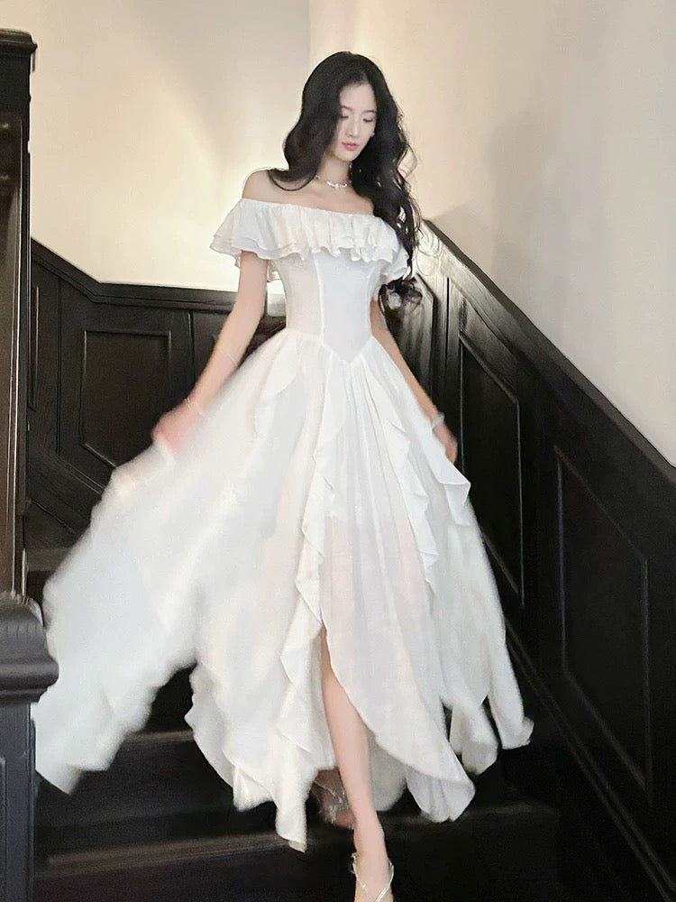 Simple A line Off The Shoulder White Chiffon Cruise Ship Formal Night Evening Dresses 20th Birthday Outfit RB3866