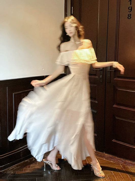 Simple A line Off The Shoulder White Chiffon Cruise Ship Formal Night Evening Dresses 20th Birthday Outfit RB3866