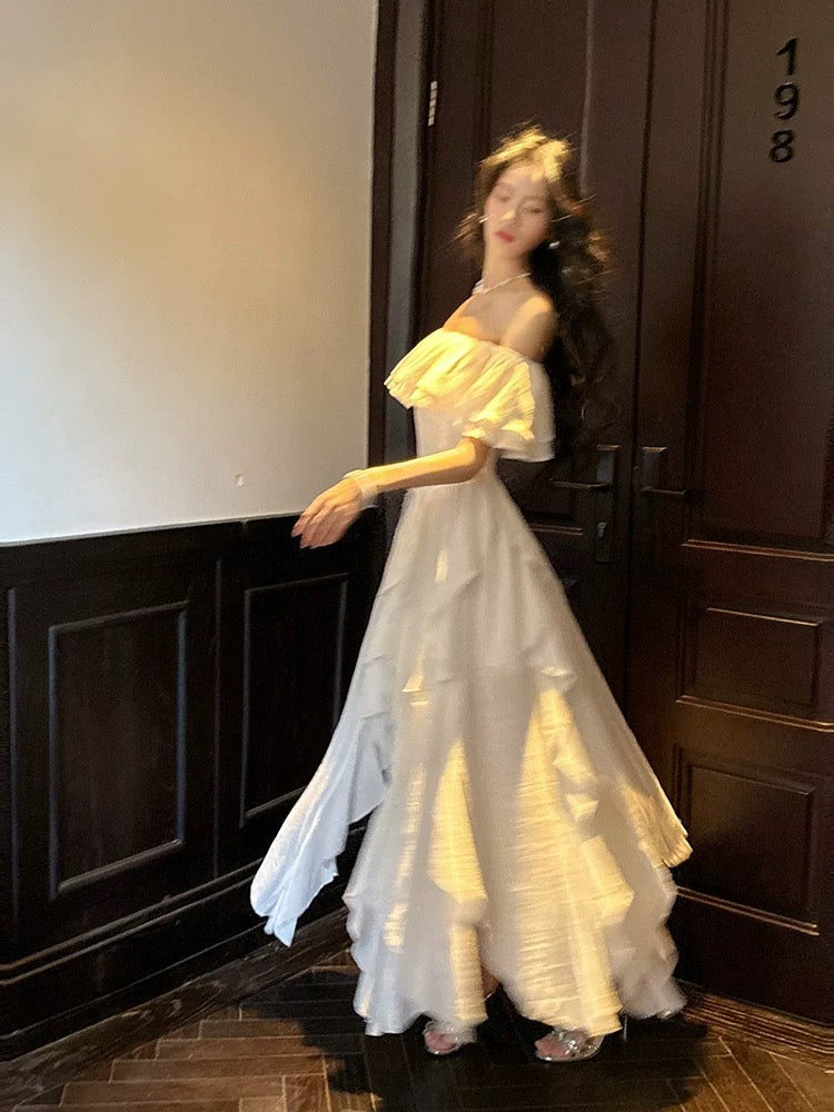 Simple A line Off The Shoulder White Chiffon Cruise Ship Formal Night Evening Dresses 20th Birthday Outfit RB3866