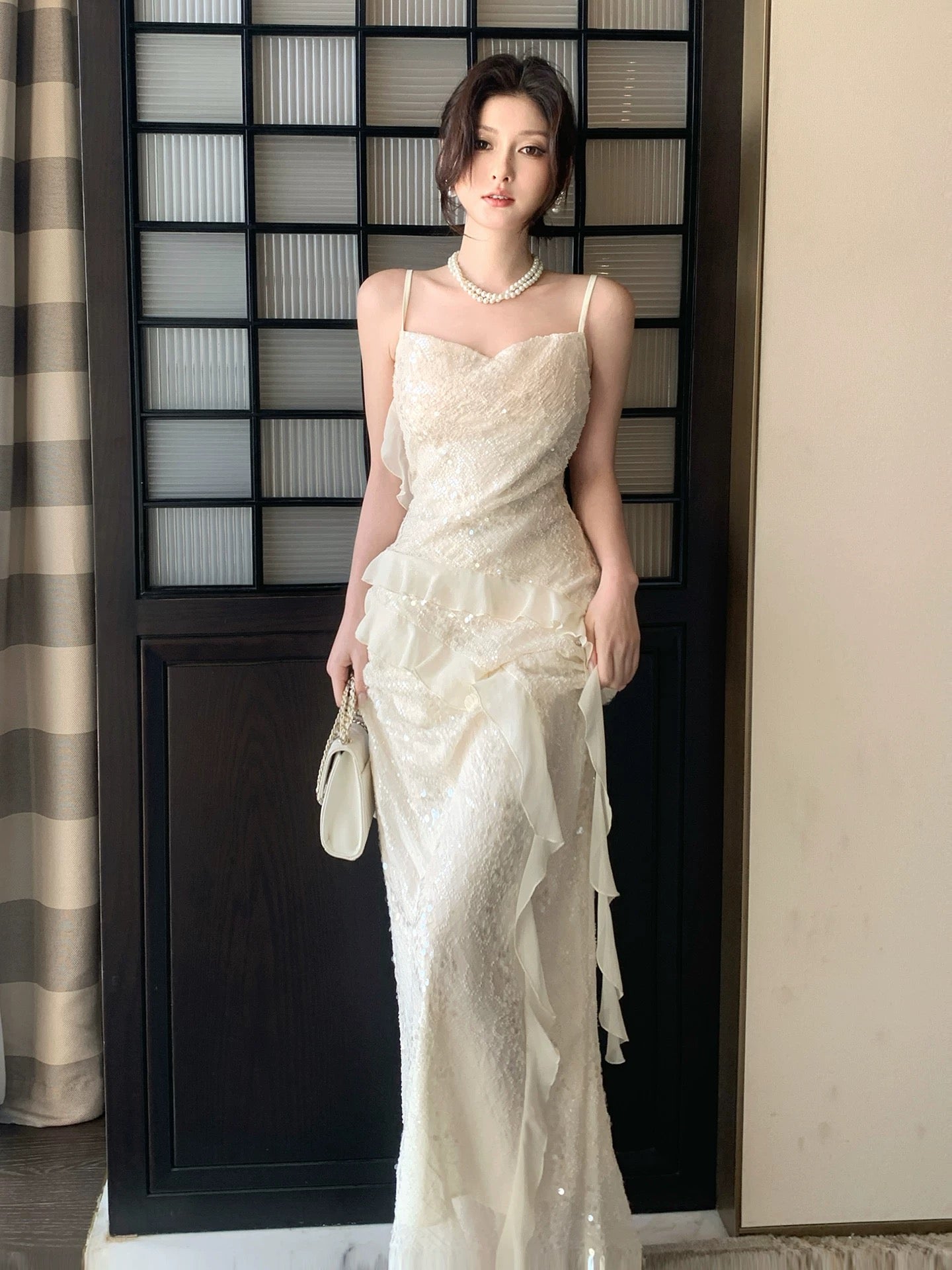 Robe de bal sirène simple à fines bretelles, paillettes blanches, pour femmes, filles, adolescentes, N2226