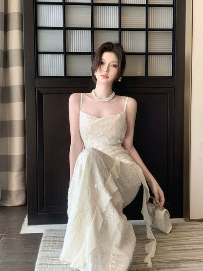 Robe de bal sirène simple à fines bretelles, paillettes blanches, pour femmes, filles, adolescentes, N2226