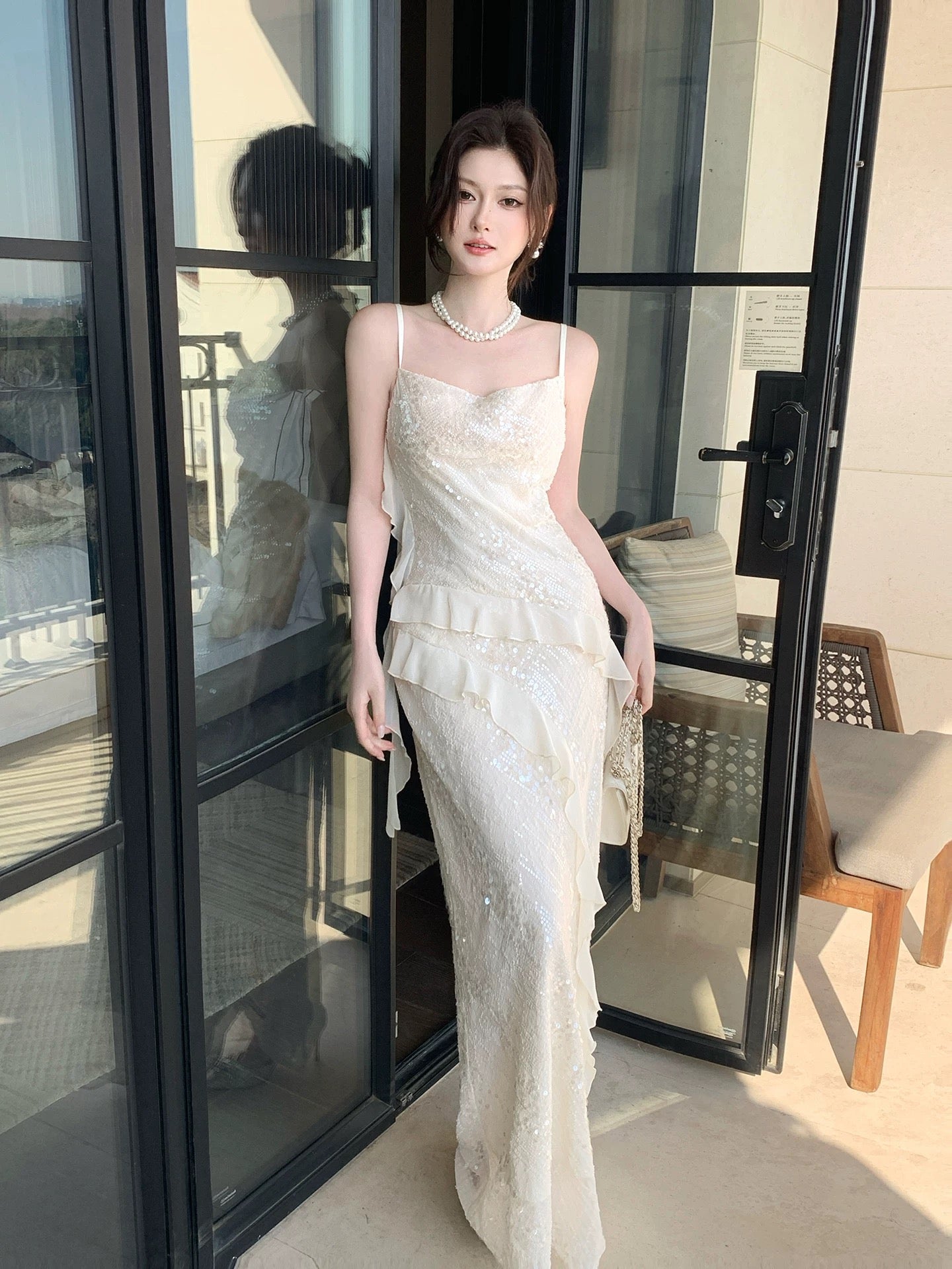 Robe de bal sirène simple à fines bretelles, paillettes blanches, pour femmes, filles, adolescentes, N2226