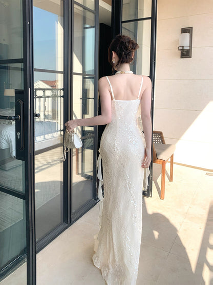 Robe de bal sirène simple à fines bretelles, paillettes blanches, pour femmes, filles, adolescentes, N2226