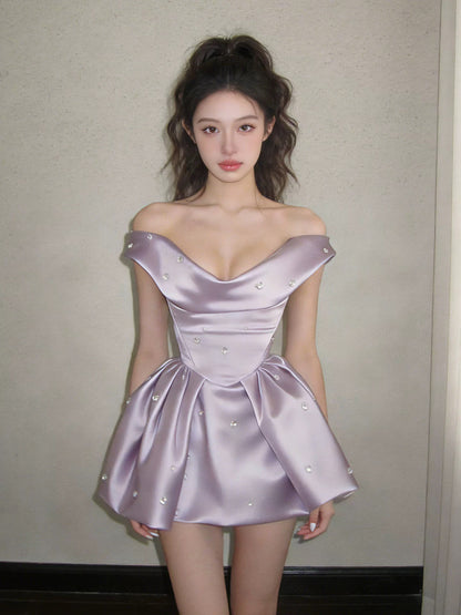 Robe de bal vintage épaules dénudées en satin lilas court, inspiration années 2000, robes de bal de promo, robe de soirée N1668