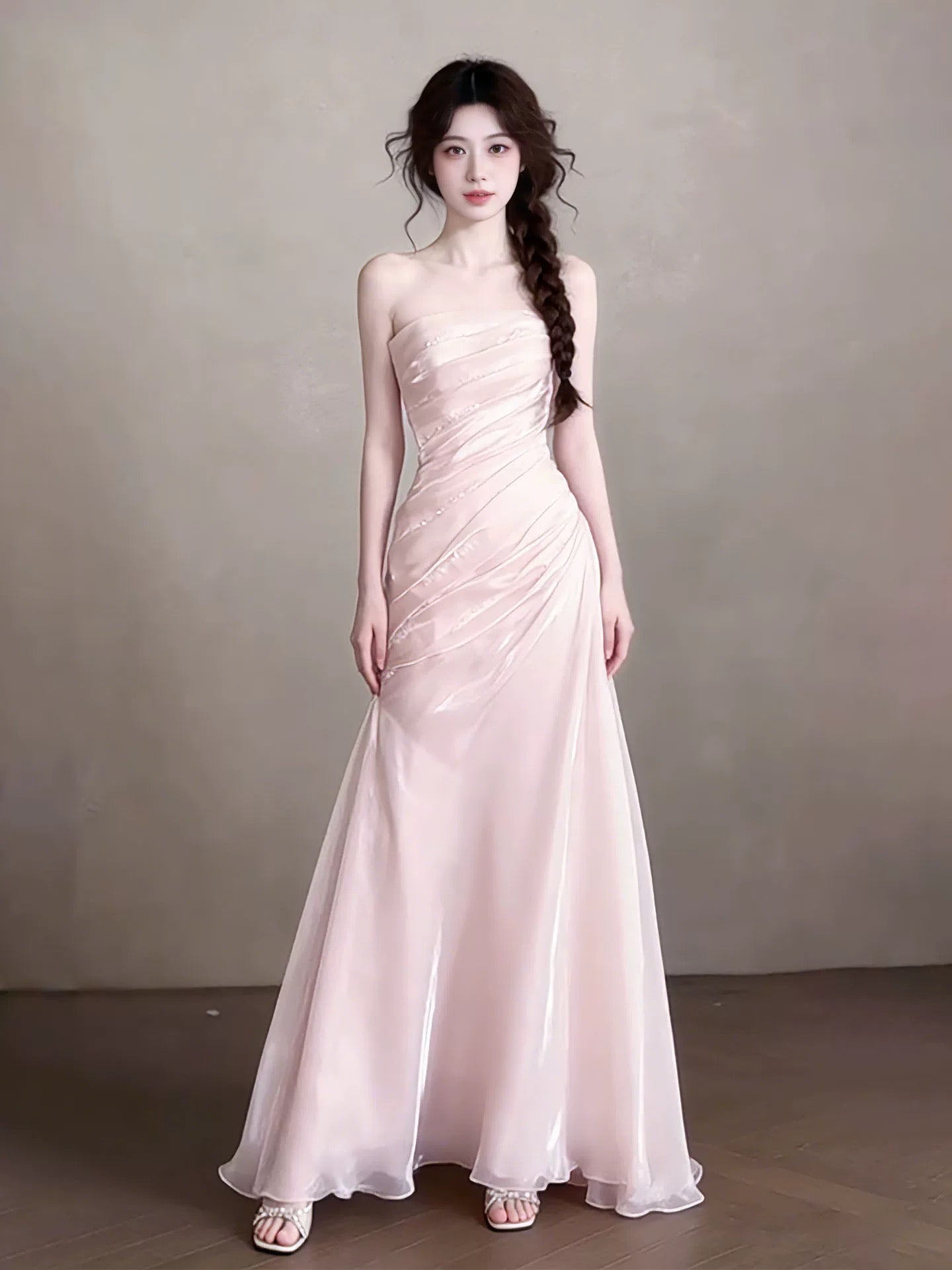 Robe de bal longue rose sirène bustier à volants pour lycéennes et adolescentes (N1669)