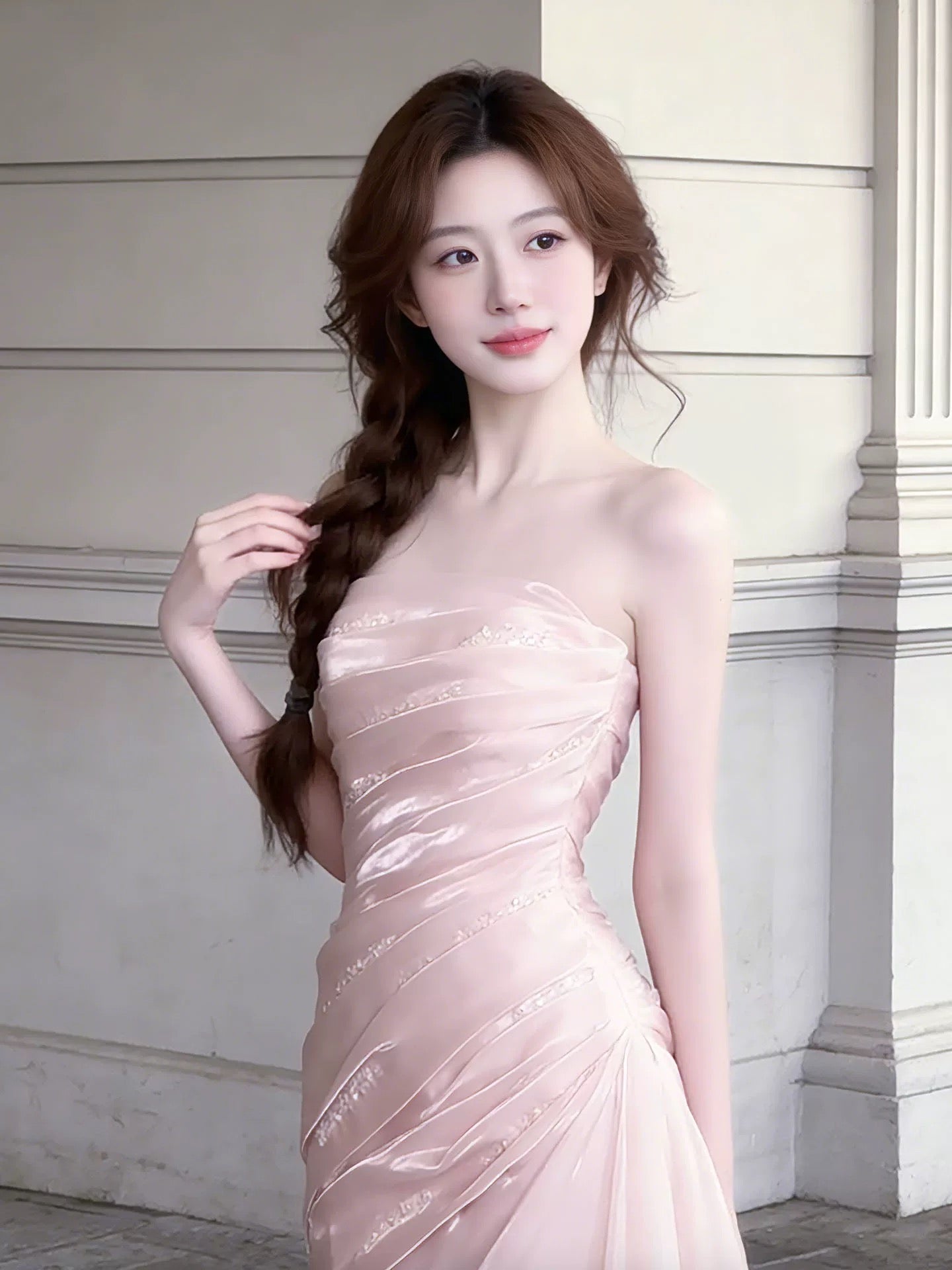 Robe de bal longue rose sirène bustier à volants pour lycéennes et adolescentes (N1669)
