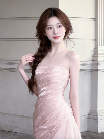 Robe de bal longue rose sirène bustier à volants pour lycéennes et adolescentes (N1669)