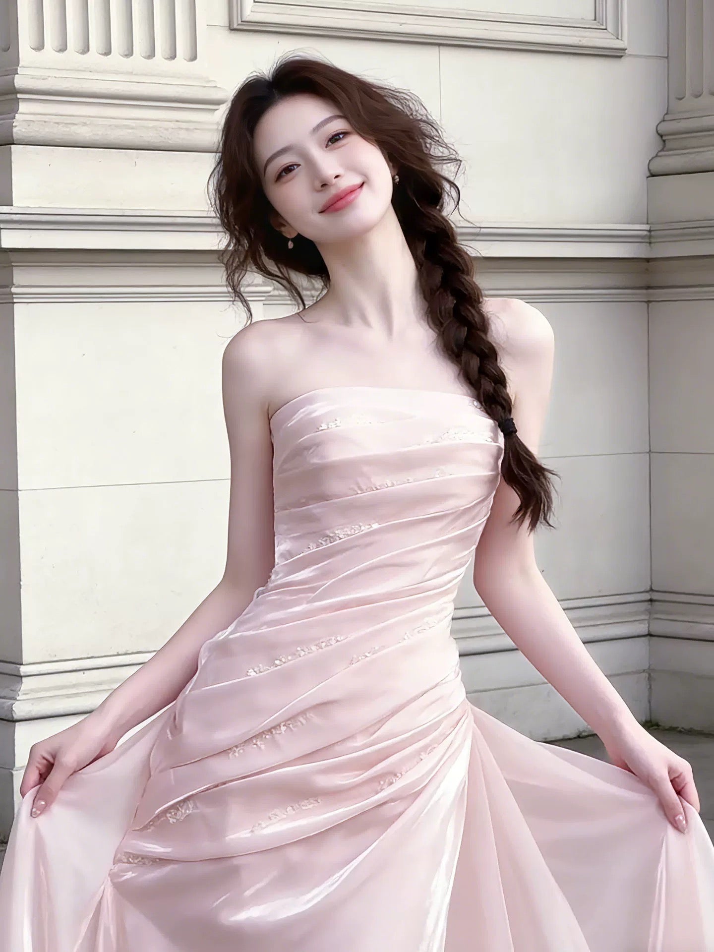 Robe de bal longue rose sirène bustier à volants pour lycéennes et adolescentes (N1669)