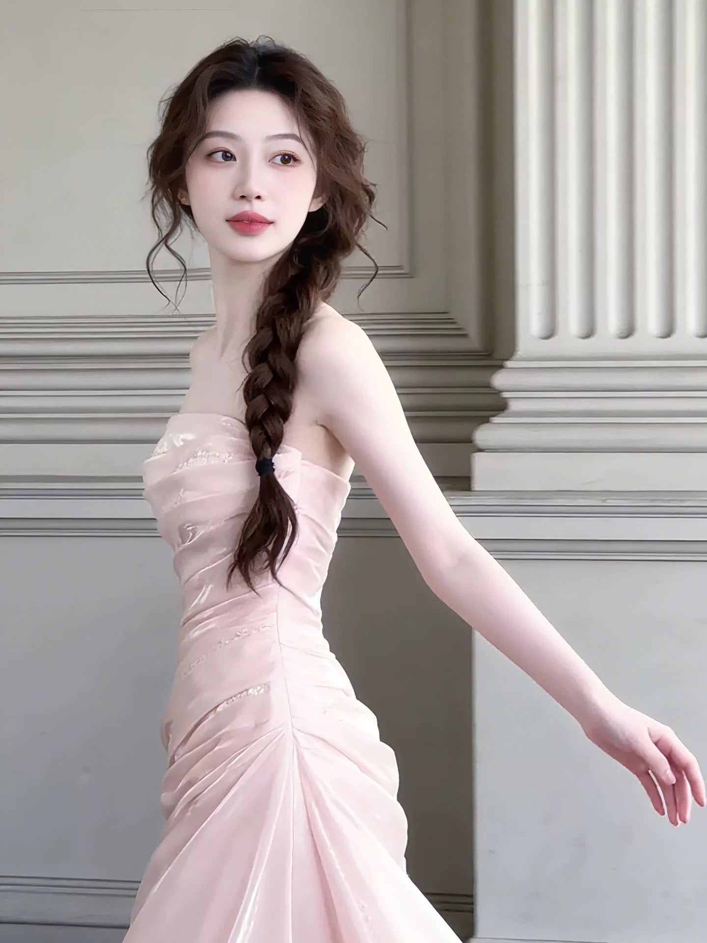 Robe de bal longue rose sirène bustier à volants pour lycéennes et adolescentes (N1669)