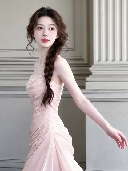 Robe de bal longue rose sirène bustier à volants pour lycéennes et adolescentes (N1669)