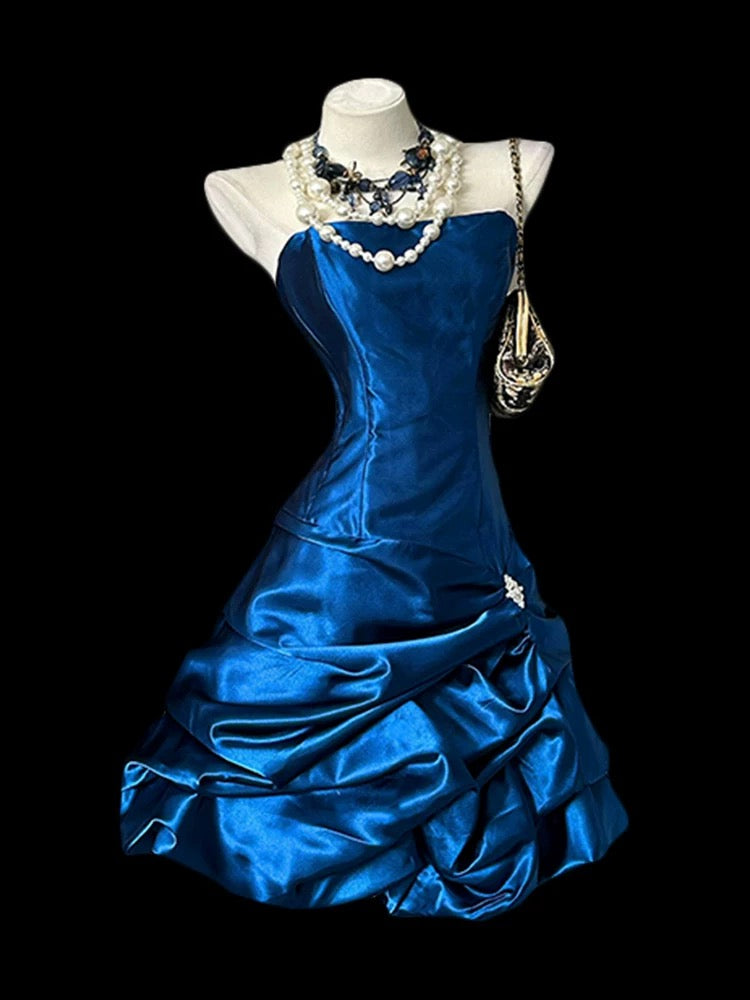Robe fourreau bustier bleu roi en satin, style vintage, courte, inspiration années 2000, robe de bal de promo, référence N1670
