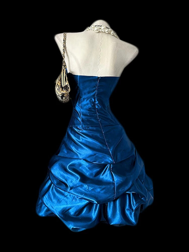 Robe fourreau bustier bleu roi en satin, style vintage, courte, inspiration années 2000, robe de bal de promo, référence N1670