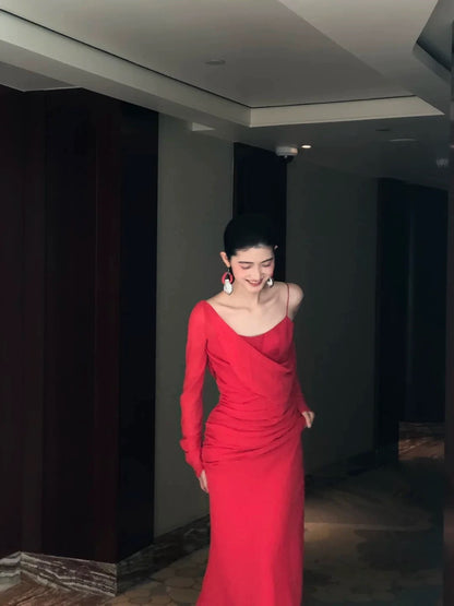 Robe longue d'invitée de mariage classique sirène à fines bretelles en mousseline rouge, inspiration N1667