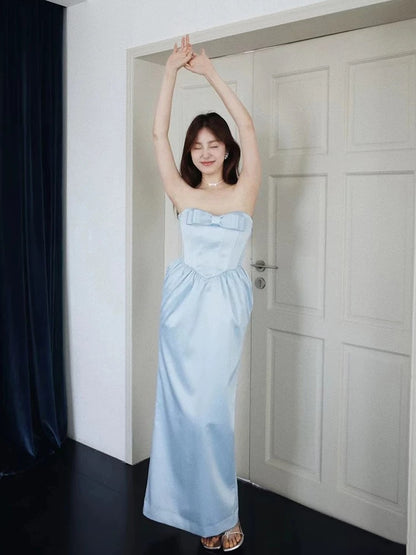 Robe longue classique bleu A sans bretelles avec poches, inspiration satin, pour invitée de mariage N1675