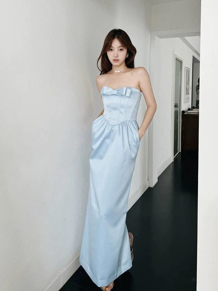 Robe longue classique bleu A sans bretelles avec poches, inspiration satin, pour invitée de mariage N1675