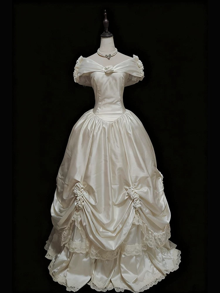 Robe de mariée féerique, style bal, épaules dénudées, en satin à manches longues, référence N1676