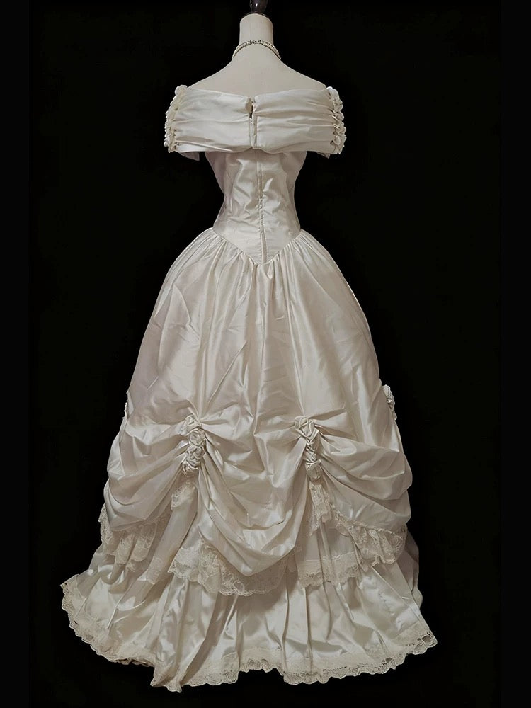 Robes de Mariée Style Français Robe de Bal Épaules Dénudées Satin Longue Robe de Mariée Jardin d'Été N4139