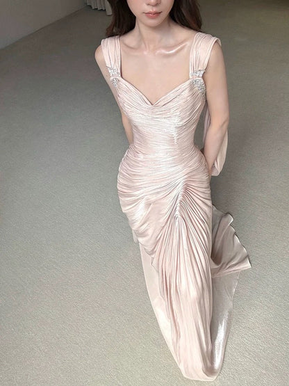 Vintage Mermaid Cowl Neck Pink With Ruffles For High Schools Teens Prom Dresses Graduation Dress N1678